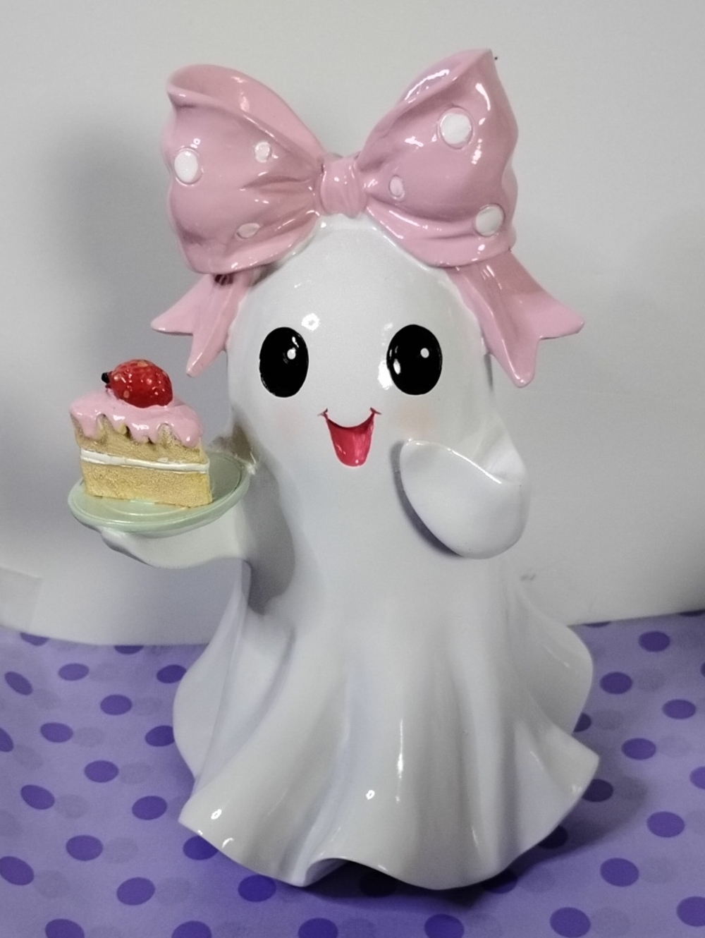 Pastel Girly Ghost with Cake Pink Bow Summerween Decor Figurine